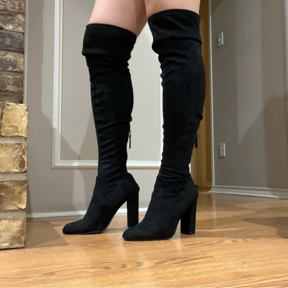 Steve Madden Emotions Black Suede Over-the-Knee Block Heel Boots - Picture 4 of 9